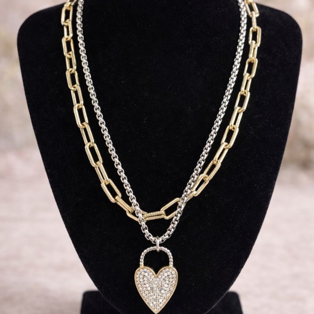 14k and silver double link and rope necklace with pave heart locket